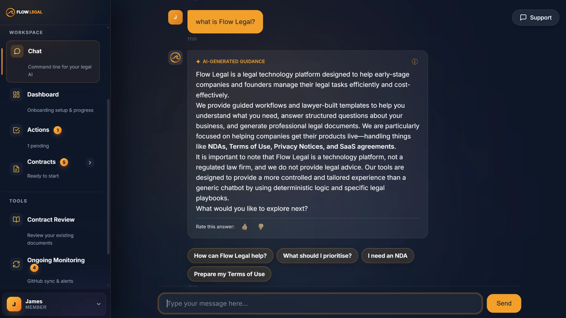 The Flow Legal workspace showing chat, contracts and monitoring tools
